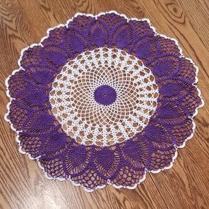 New Hand Crafted Cluster Pineapple Doily, Purple & White, 25 1/2"